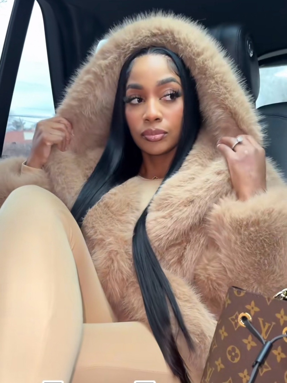 Luxury Oversized Faux Fur Hooded Coat | Plush Winter Jacket | Camel Beige - M - Picture 7 of 13